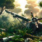 Vintage dual-propeller airplane crash-landed in lush jungle with sunlight filtering through canopy
