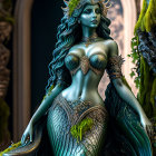 Intricate Silver and Teal Fantasy Mermaid Statue with Crown