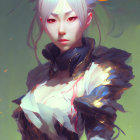 Fantasy female character with white hair and glowing accents in black and gold armor