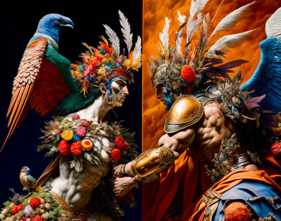 Colorful diptych featuring people in bird-themed costumes with elaborate headdresses and a staged bird.