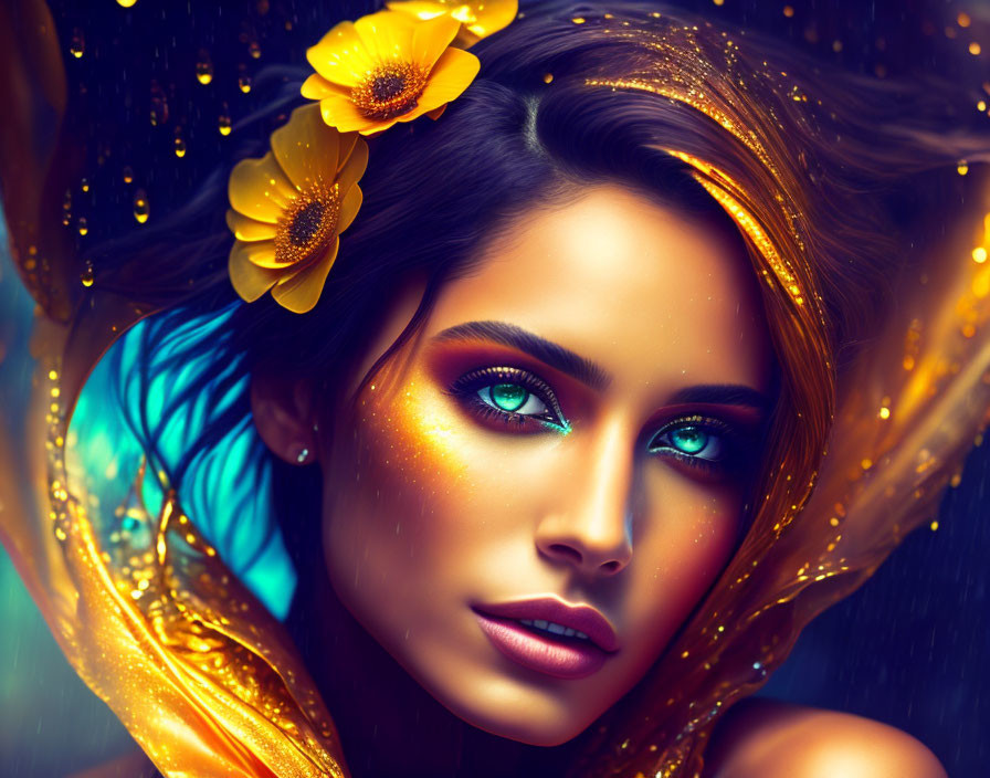 Digital artwork of woman with vibrant blue eyes, golden glitter, yellow flowers, and vivid blue backdrop