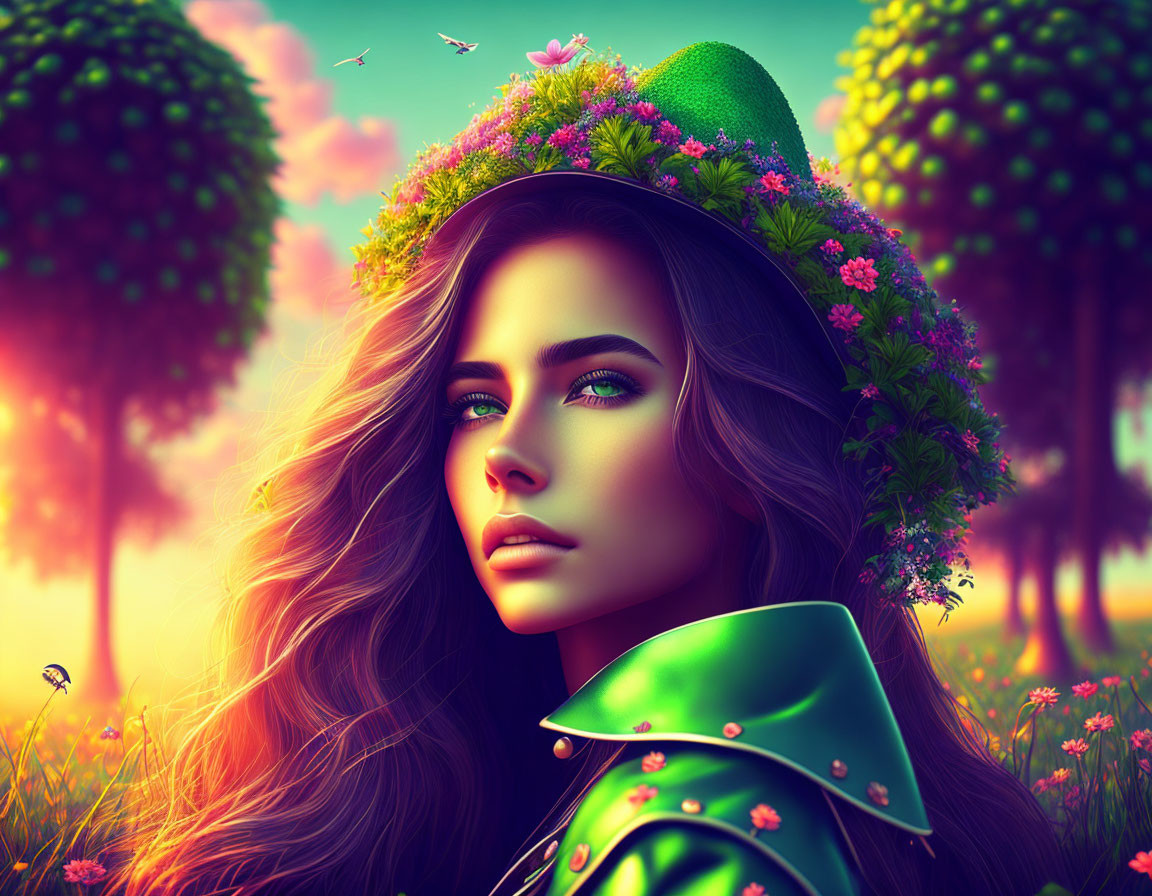 Digital illustration: Woman with voluminous hair in green flower-adorned hat, set in vibrant fantasy