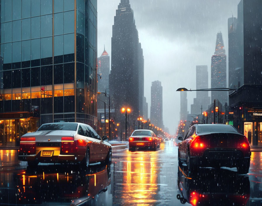 City street with rain-soaked vehicles, tall buildings, and reflections.