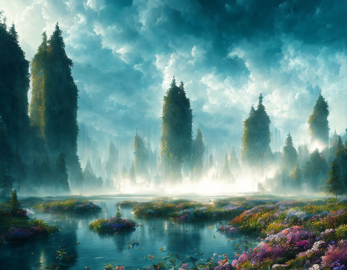 Tranquil landscape with misty trees, lake, and vibrant flowers