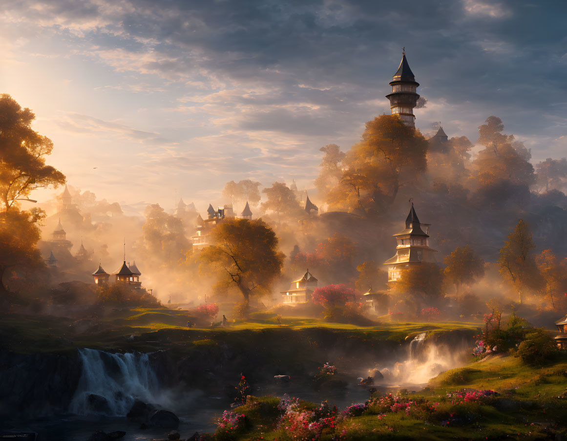 Fantasy landscape with castle, forests, waterfalls under golden sunrise