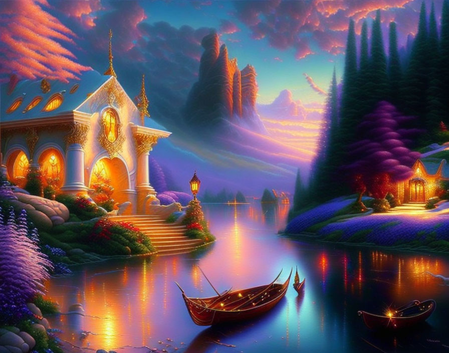 Fantasy landscape with illuminated temple, serene river, colorful flora, and magical twilight sky