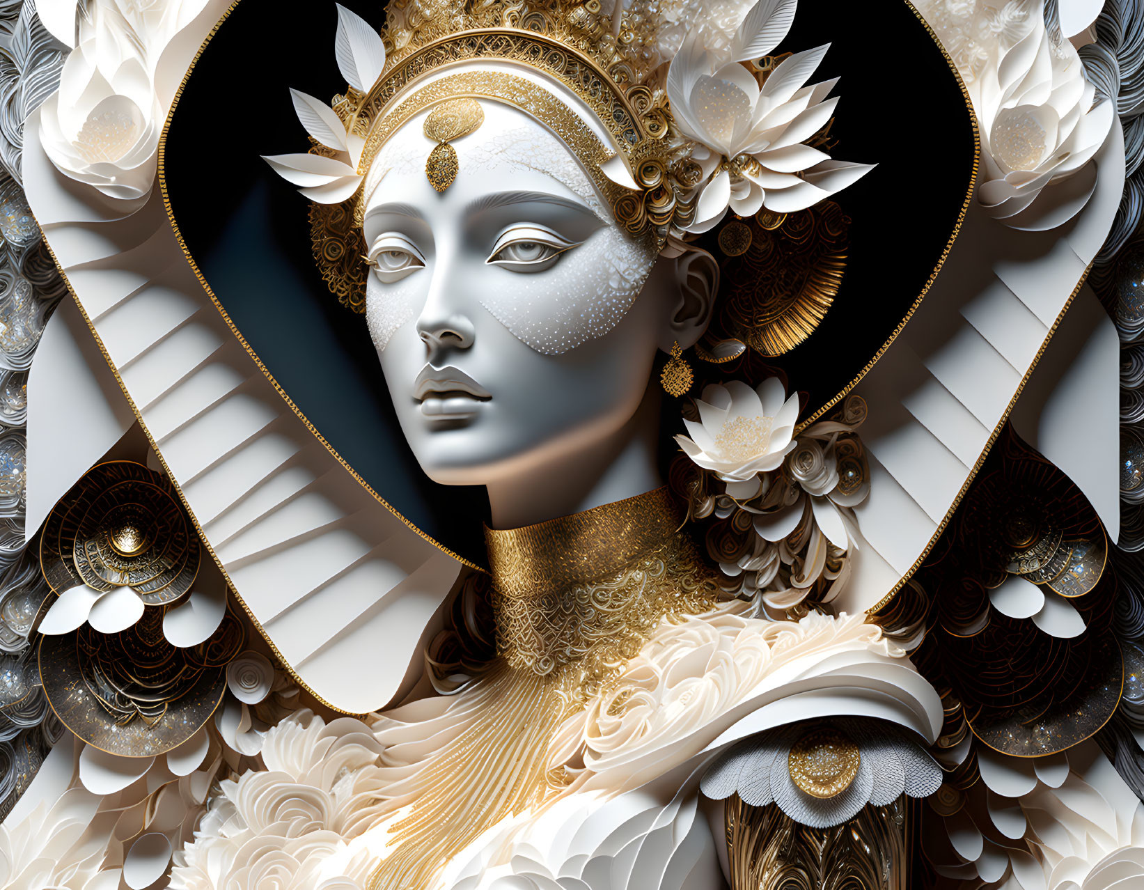 Digital artwork: Woman with ornamental headdress, white & golden floral motifs, feathers, dark background