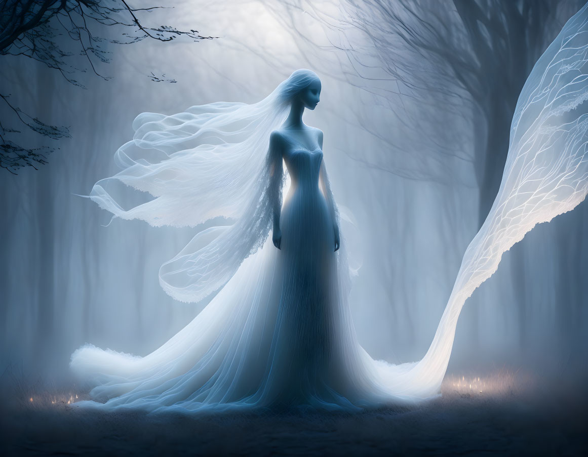 Mystical figure in white dress with translucent wings in ethereal forest