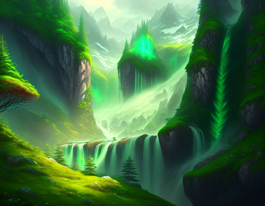 Mystical green valley with waterfalls, glowing foliage, mist, and mountain peaks