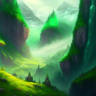 Mystical green valley with waterfalls, glowing foliage, mist, and mountain peaks