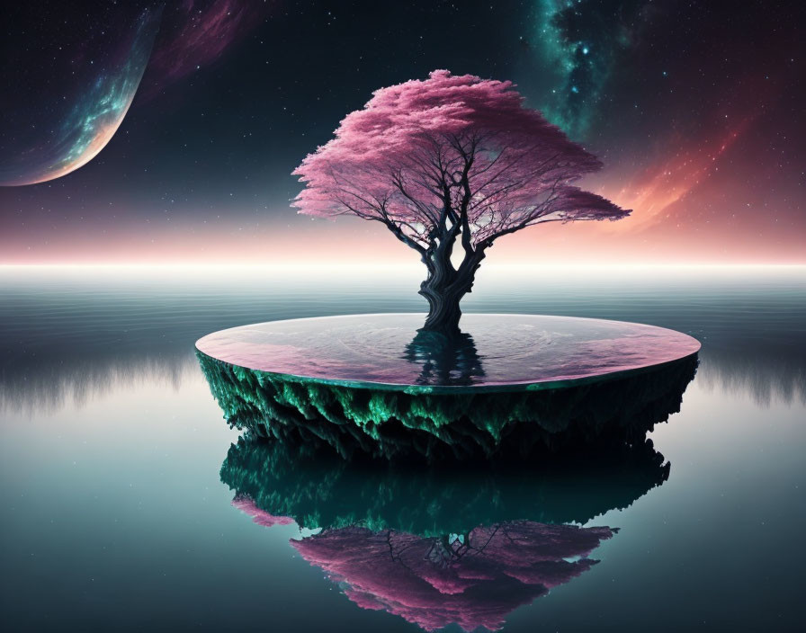 Solitary tree with pink foliage on floating island against cosmic backdrop