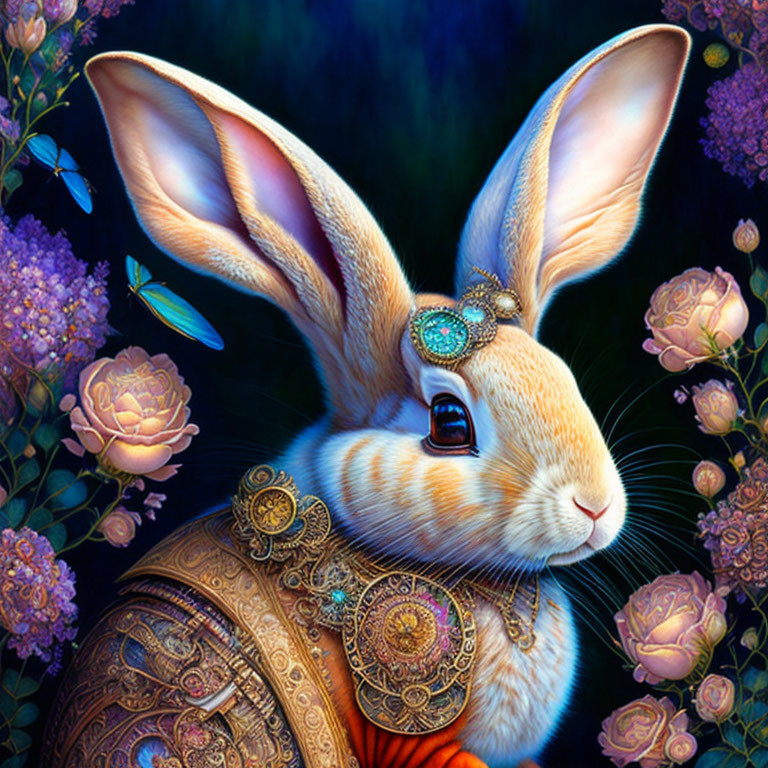 Detailed Illustration of Armored Rabbit in Floral Setting