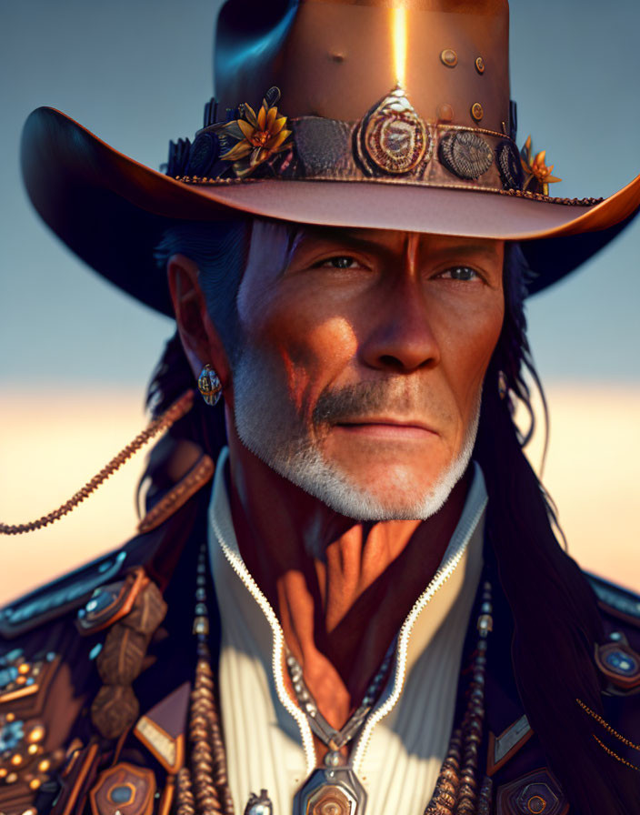 Person in Decorated Cowboy Hat with Sunset Glow and Western Attire