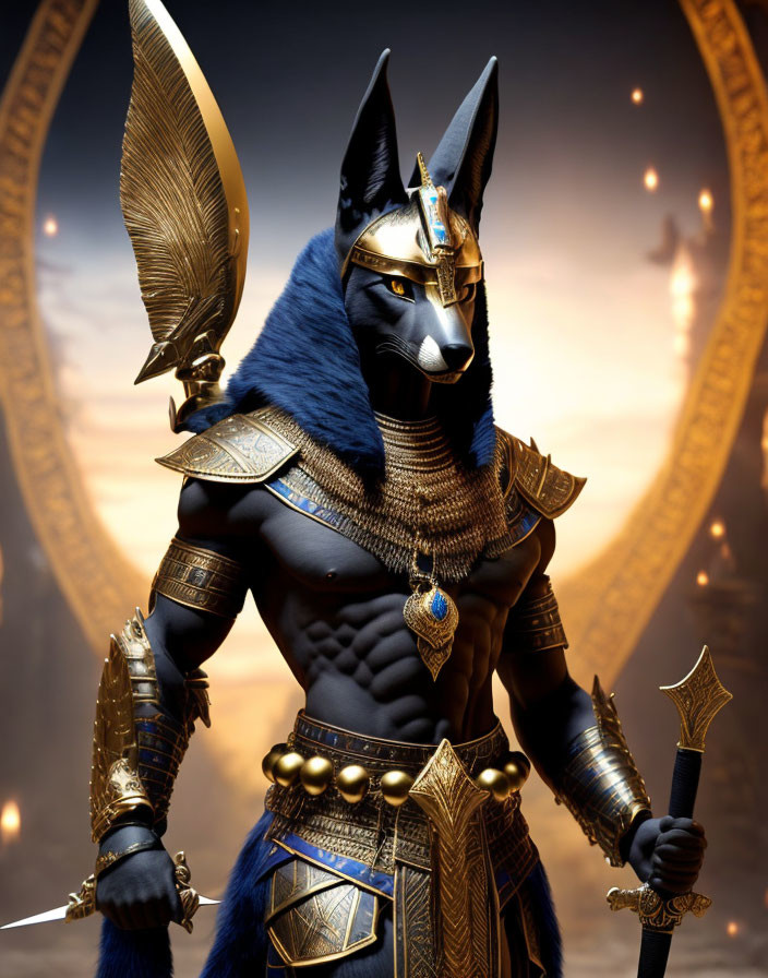 Ancient Egyptian-themed humanoid figure with jackal head, armor, and scepter.
