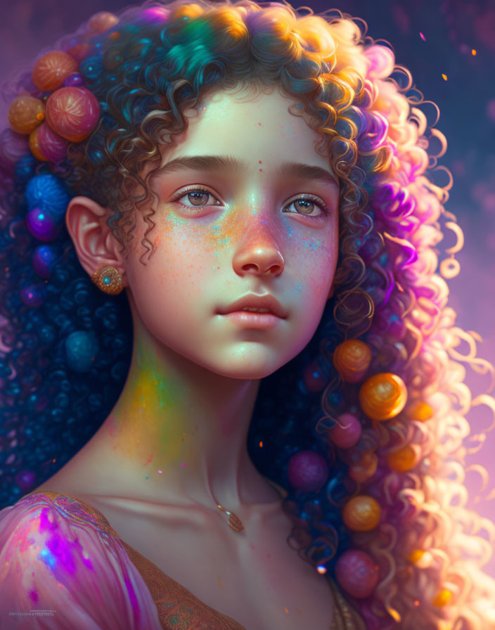 Colorful digital portrait: young girl with curly hair, cosmic freckles, planets orbiting head