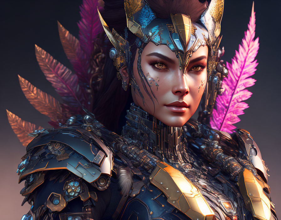 Female warrior digital artwork with feathered helmet and intricate armor.