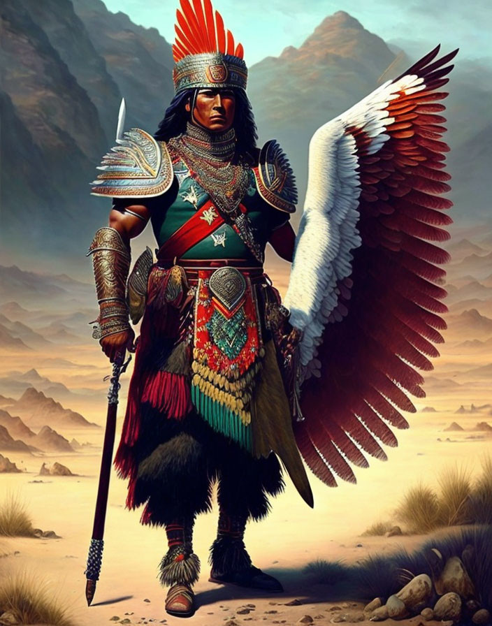 Digital artwork of warrior in Native American attire with spear and white eagle in desert.