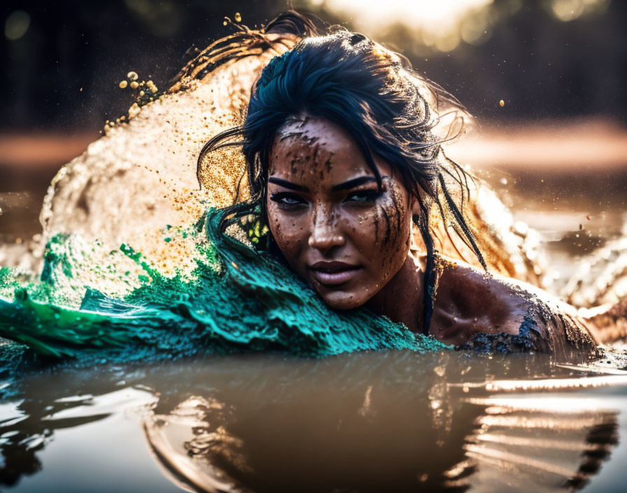 Person emerges from water with mud and droplets, backlit by sunlight.