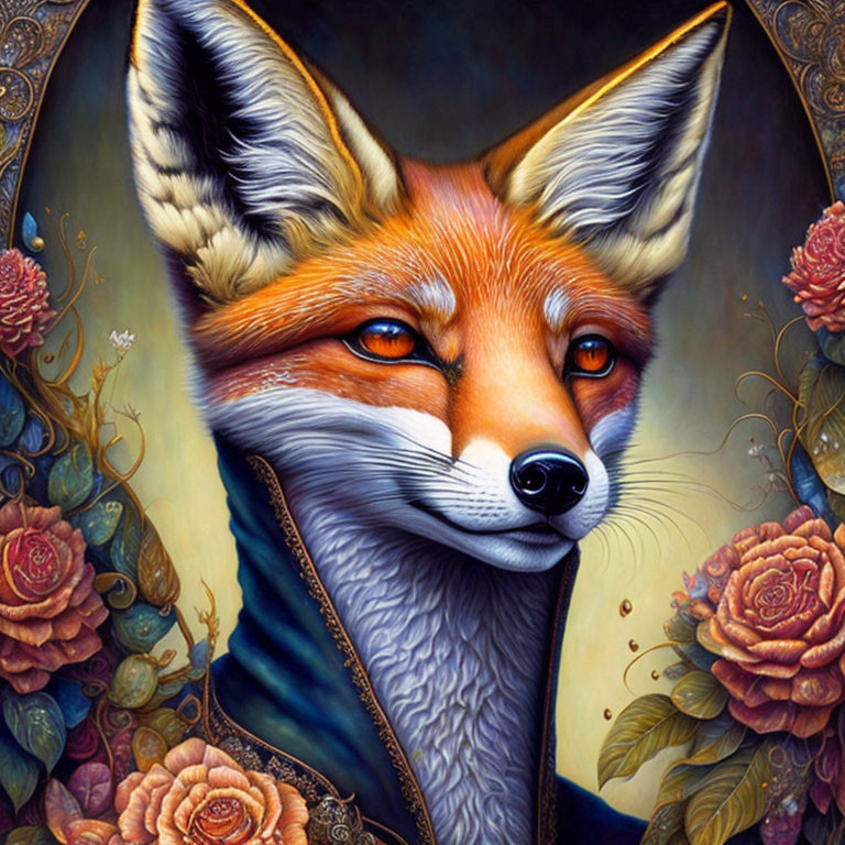 Majestic red fox illustration in elegant cloak with floral motifs
