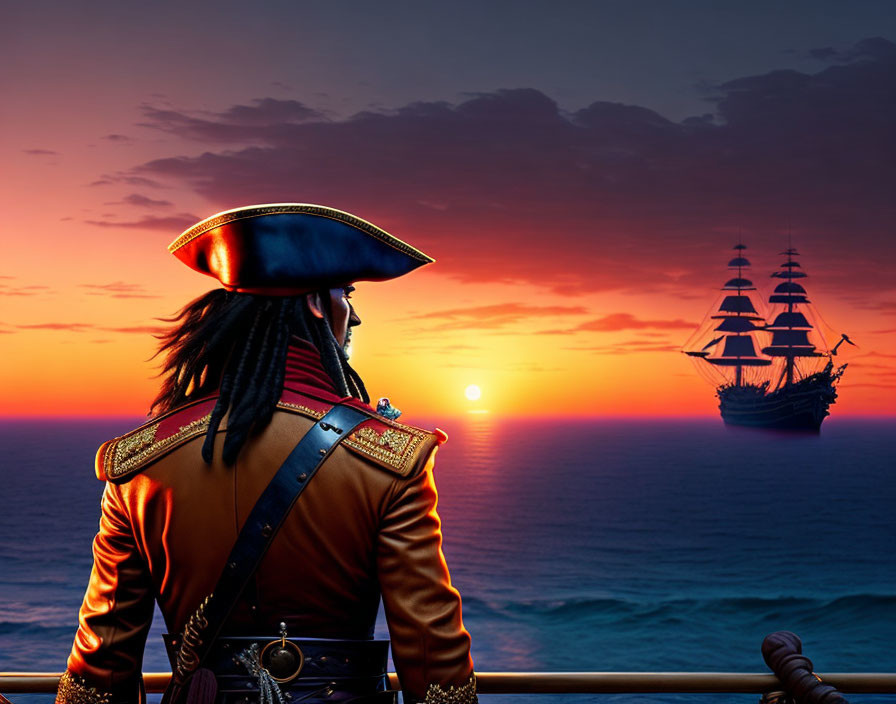 Pirate captain in outfit gazes at sailing ship on the horizon at sunset