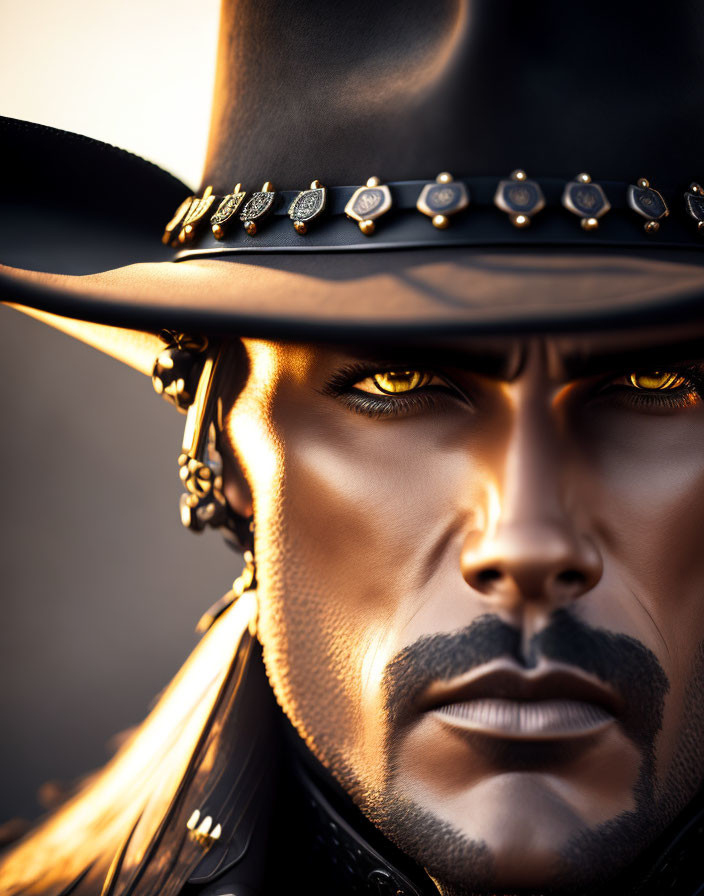 Detailed Close-up of Person in Cowboy Hat with Piercing Eyes