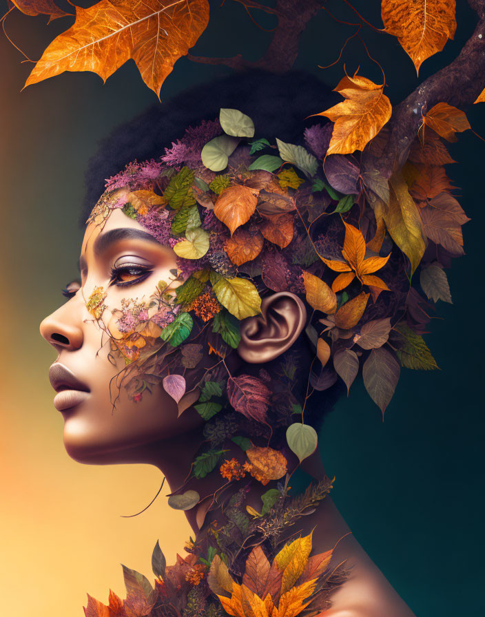 Portrait of Woman with Autumn Leaves Hair in Warm Colors