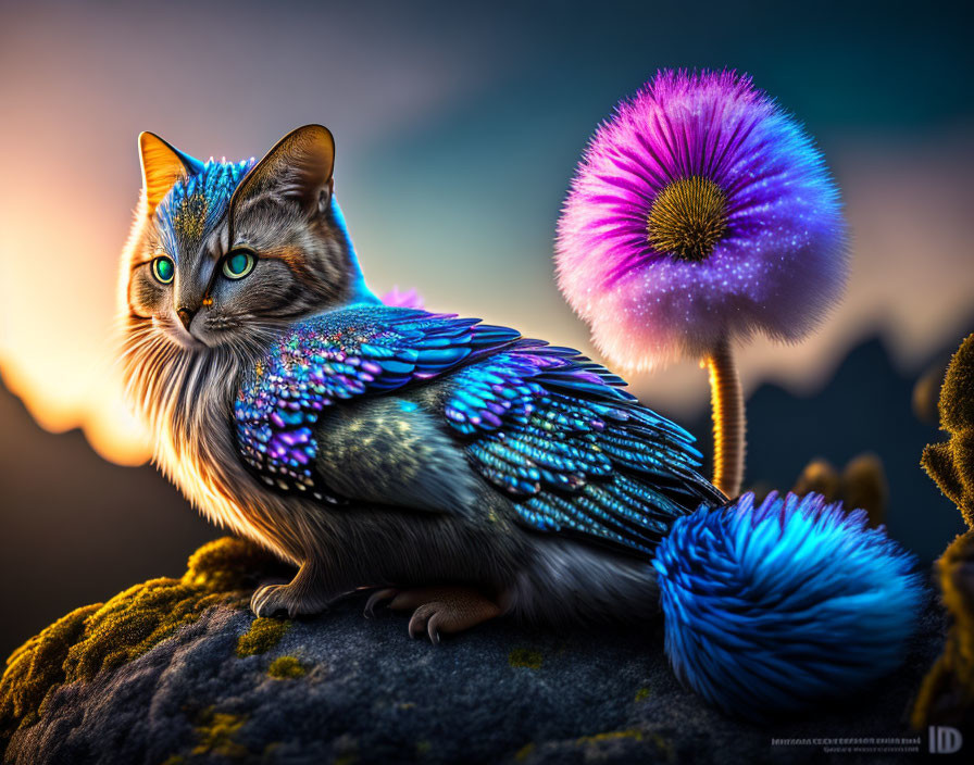 Cat-bodied creature with iridescent bird wings on a rock with whimsical flowers