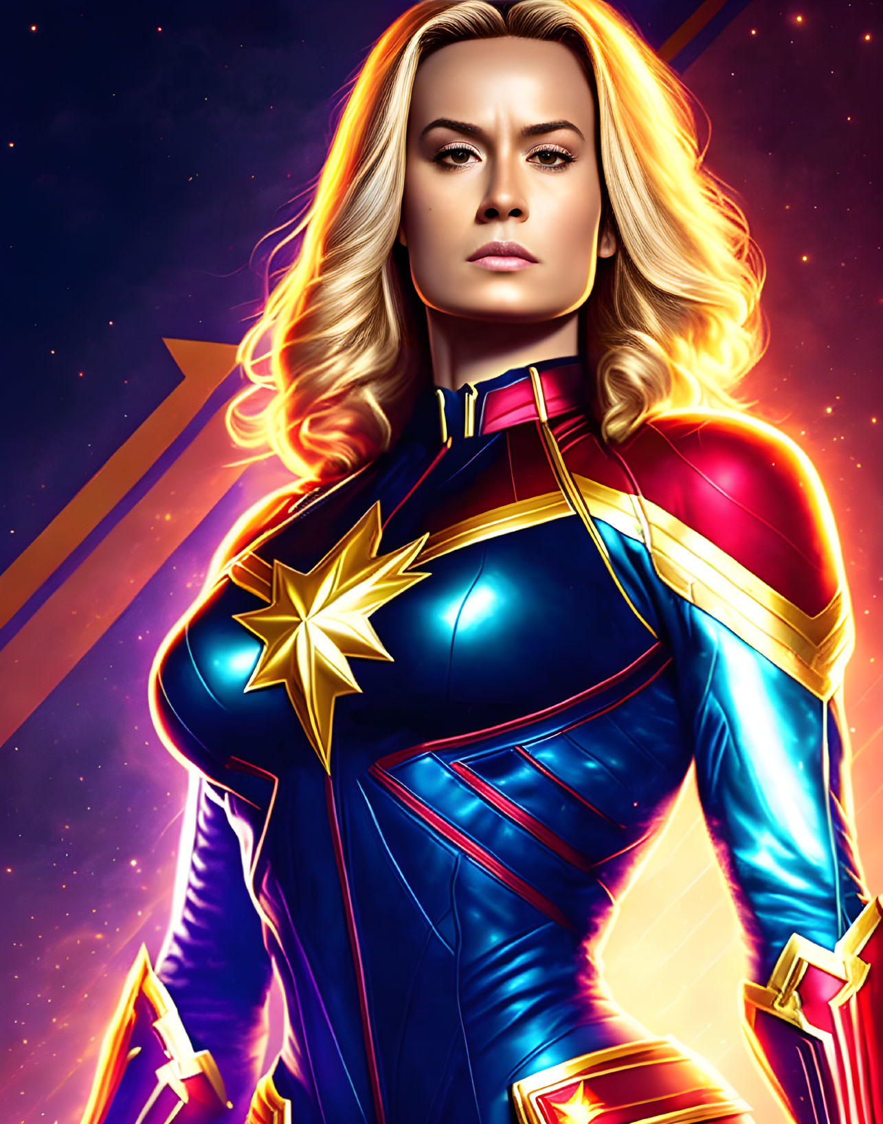 Blonde Female Superhero in Red, Blue, and Gold Costume on Cosmic Background