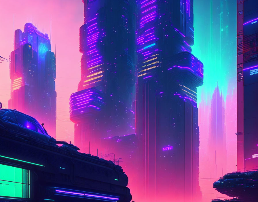 Neon-lit skyscrapers in futuristic cityscape with flying cars