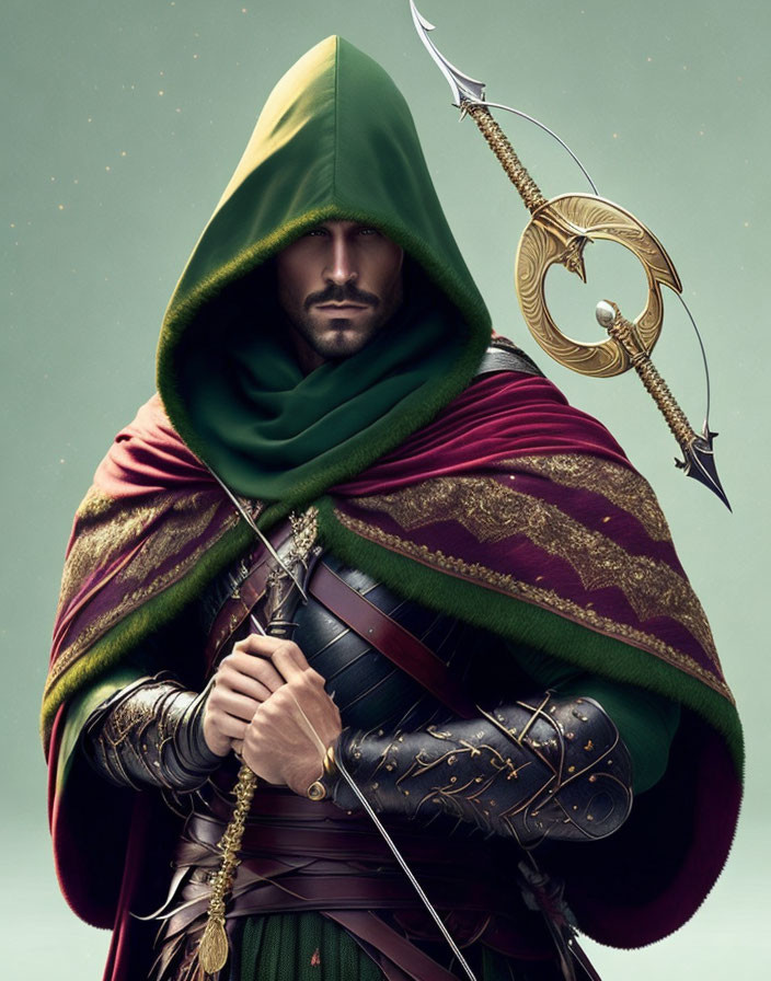 Hooded figure in historical garb with golden ornate sword