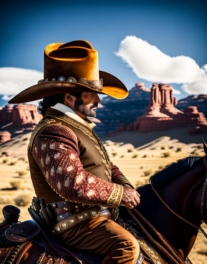 Cowboy in ornate attire riding horse in desert with mesas under clear blue sky