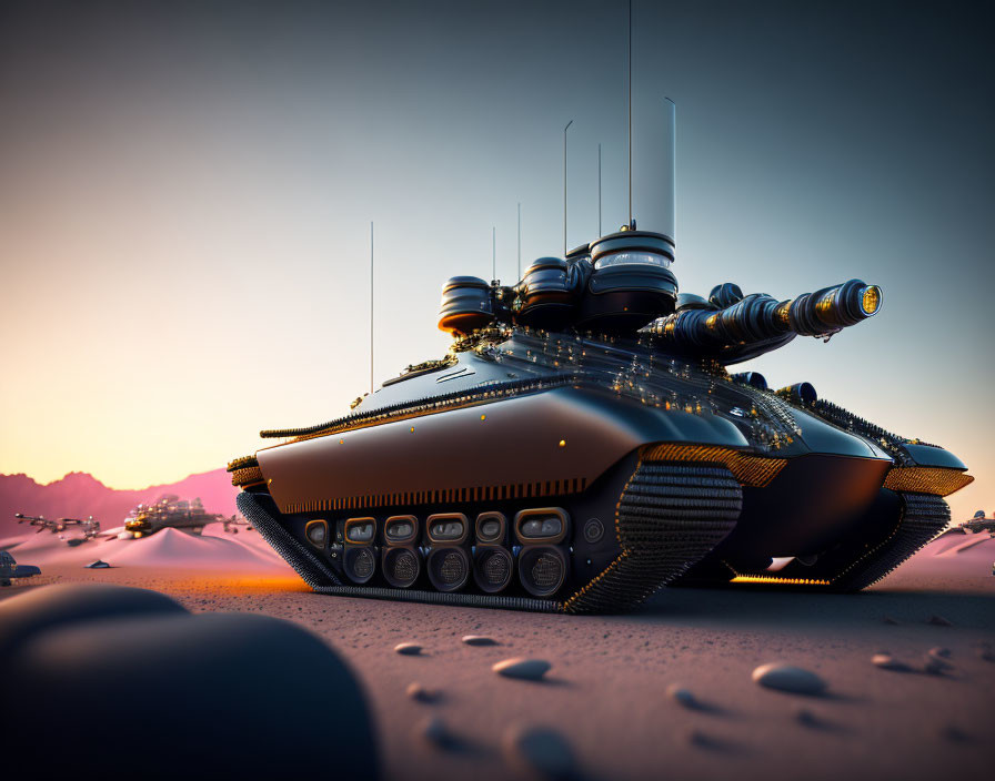 Futuristic tank with advanced armament in desert at dusk