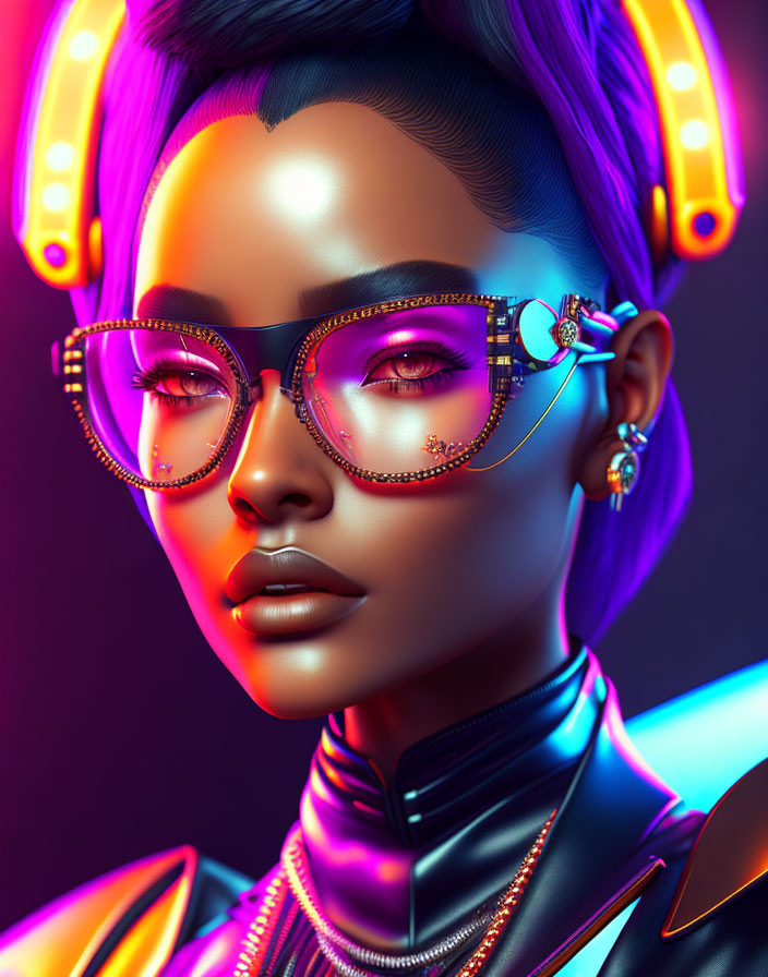 Futuristic digital artwork of a woman with neon headphones and glasses