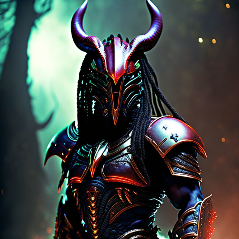 Demonic figure in ornate armor with glowing red accents