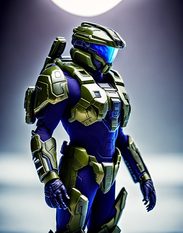 Futuristic armored soldier with blue visor in bright light