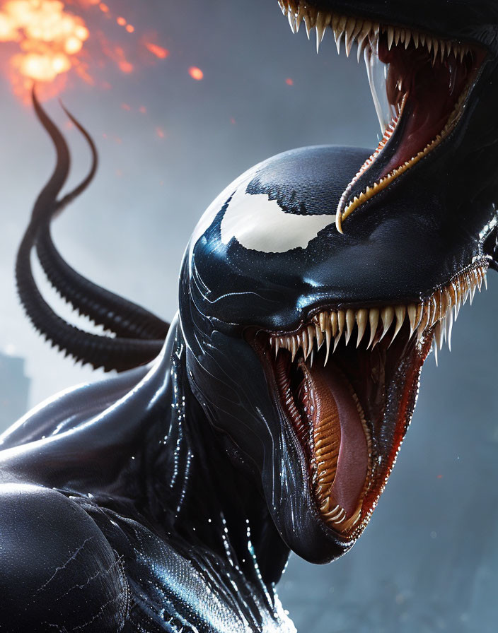Menacing black alien creature with sharp teeth and white spider-like symbol.