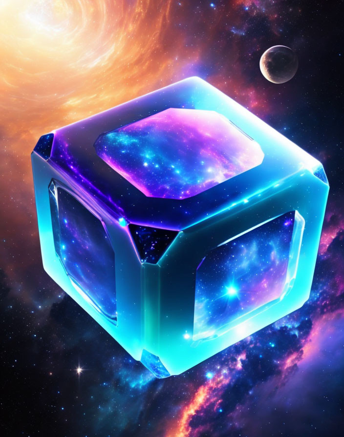 Colorful neon-lit cosmic cube in space with stars, nebula, and planet