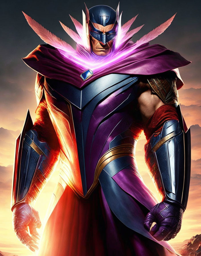 Superhero in Purple Cape with Glowing Eyes and Metallic Armor