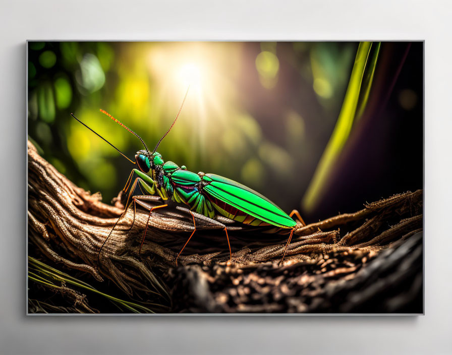 Shiny green beetle on branch in soft sunlight
