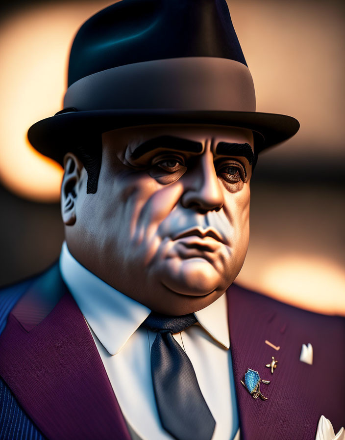 Stylized 3D illustration of stern man in dark suit and hat