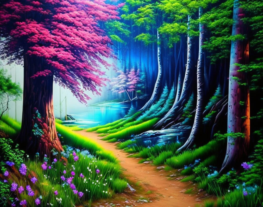 Enchanting forest path with green grass, purple flowers, and pink foliage trees