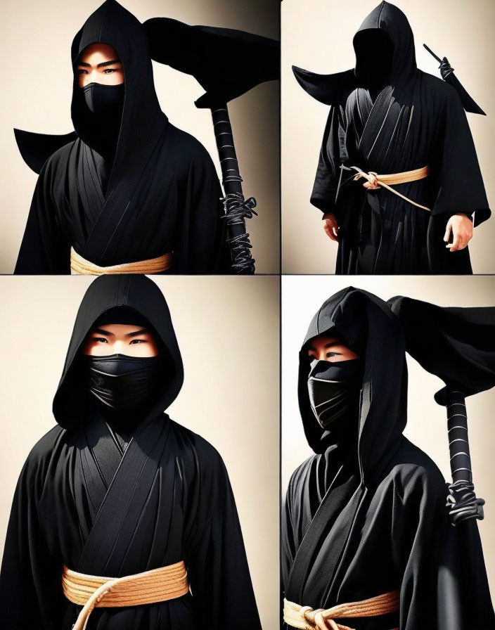 Person in black ninja outfit with sword in four poses on beige background