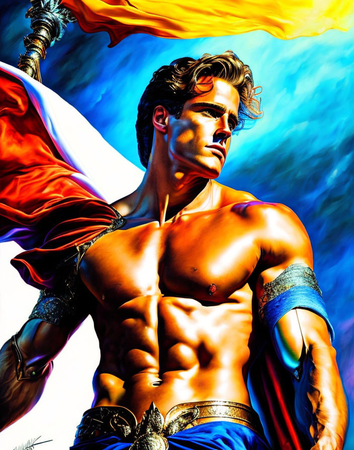 Muscular male figure with cape and arm guard against blue sky