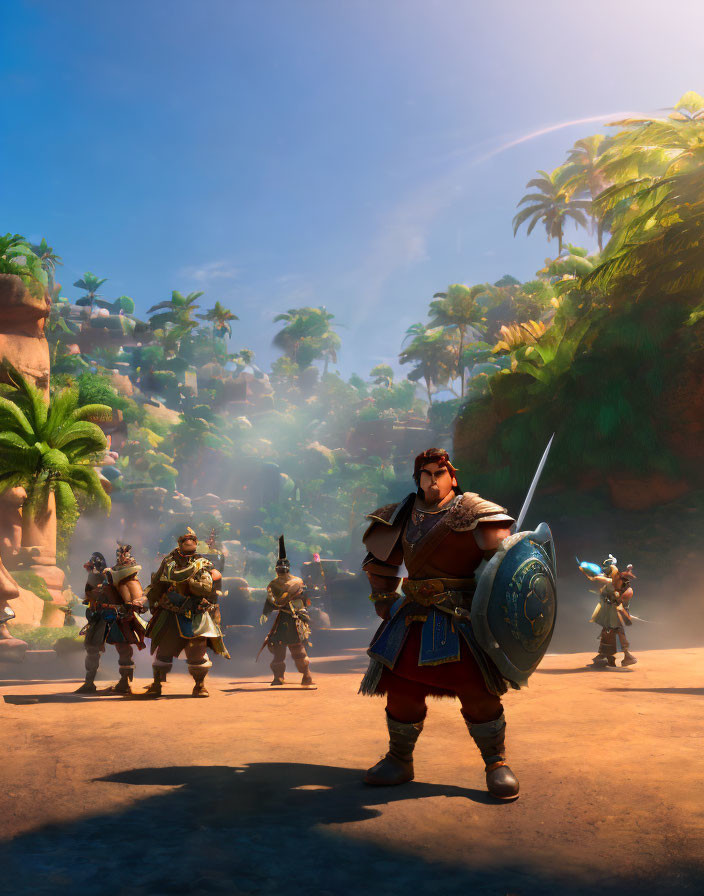 Animated warrior with shield and sword leading soldiers in lush jungle setting