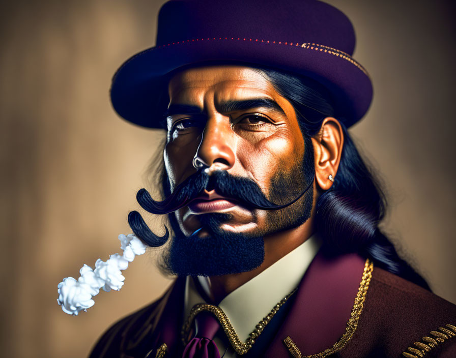 Exaggerated mustache man portrait with smoking pipe