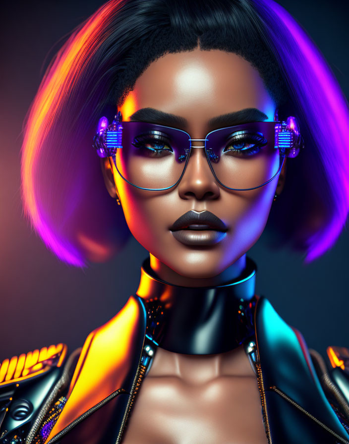 Digital art portrait of woman with neon hair and futuristic sunglasses in vibrant purple and blue lights