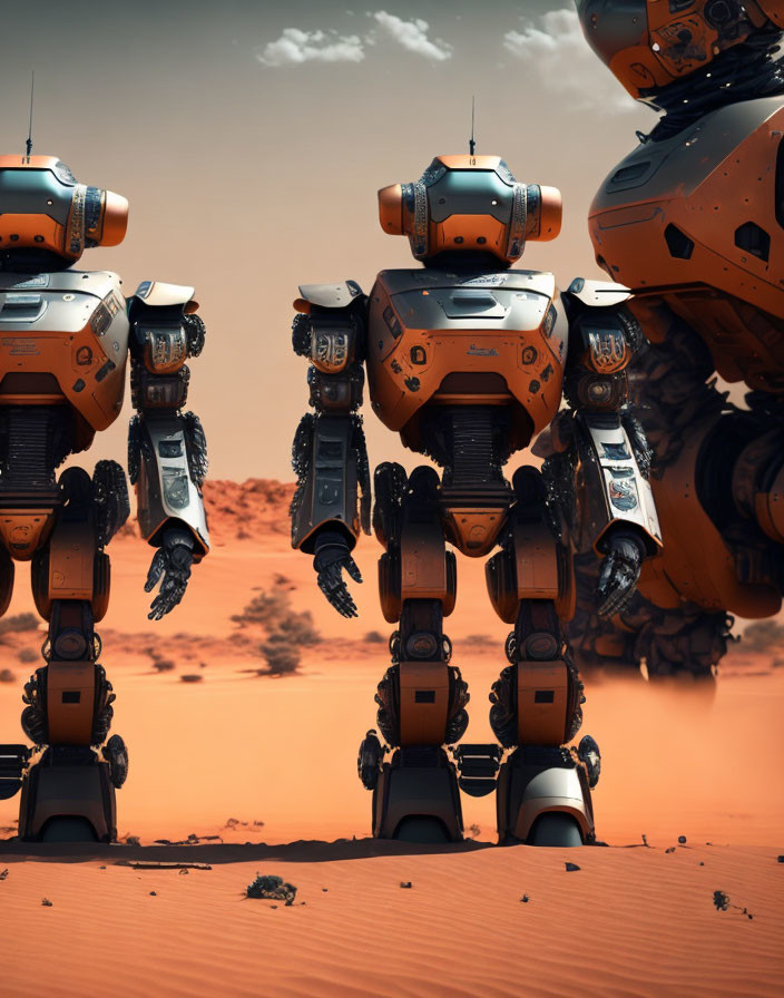Three Large Robots Standing in Desert Landscape with Orange Sky