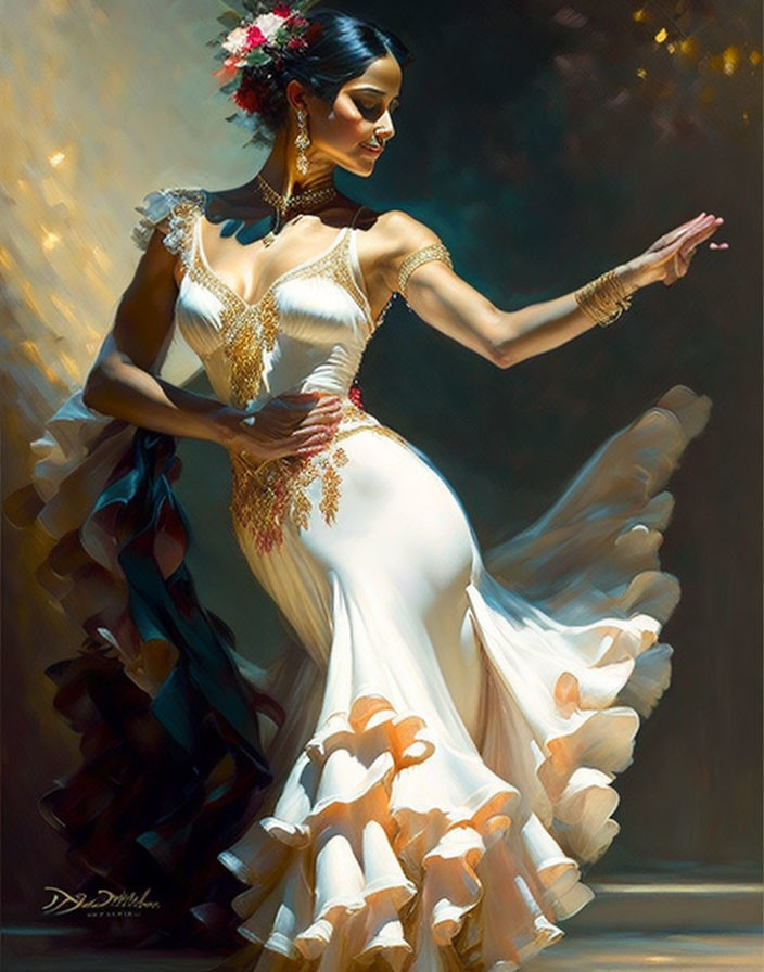 Graceful dancer in white and gold dress against soft glowing lights