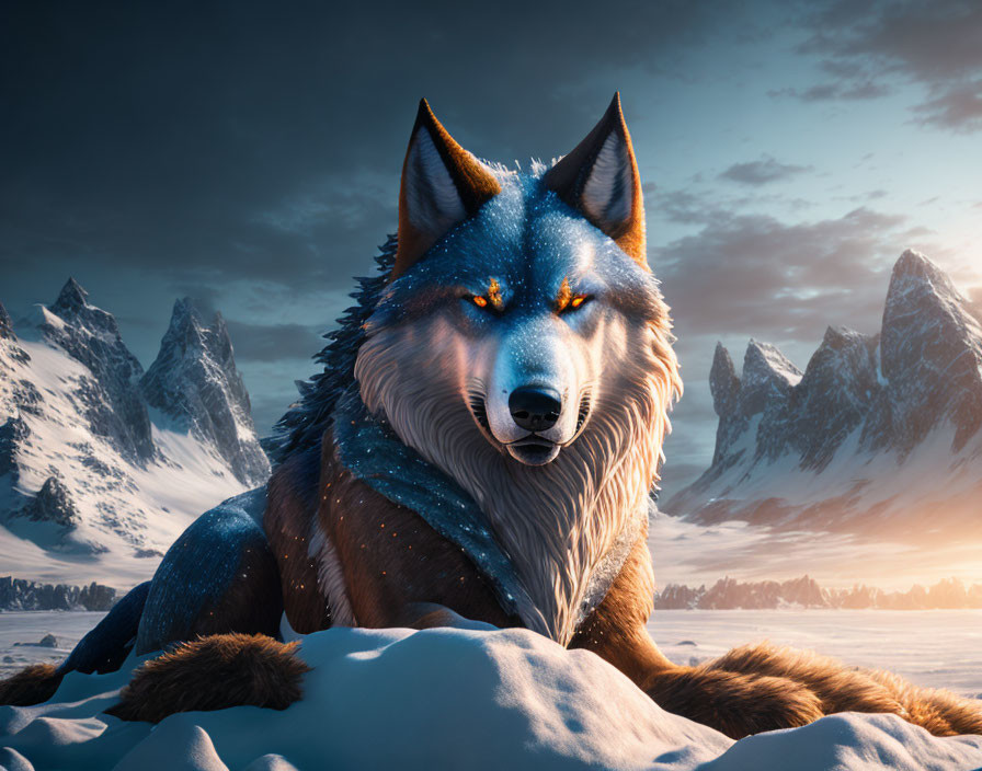 Majestic blue wolf in snowy landscape with glowing eyes