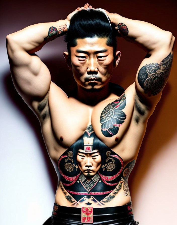 Mustached Shirtless Man Displays Intricate Tattoos